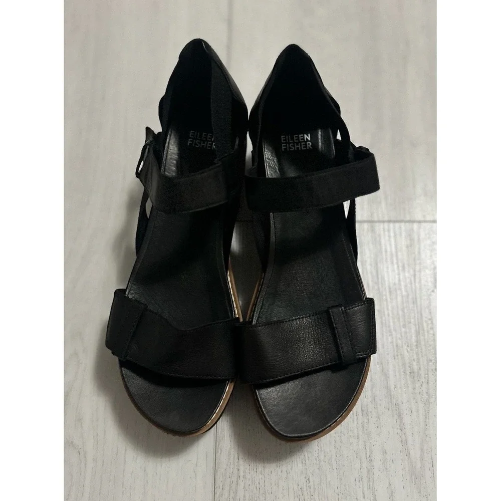 Eileen Fisher Weslia Platform‎ Wedge Sandals Sz 9.5 Black